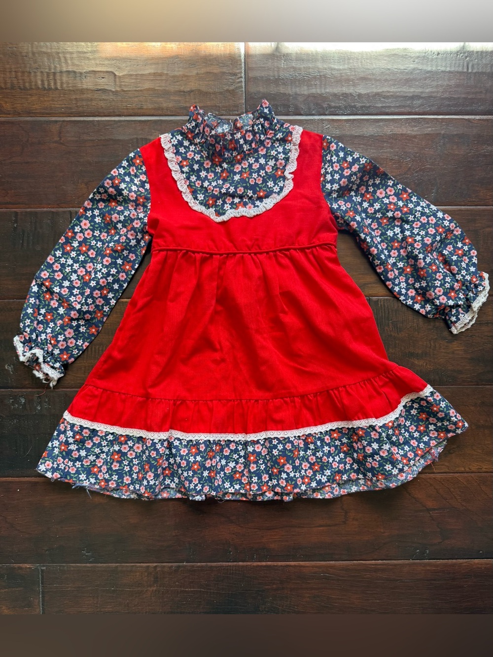 Vintage Prairie Dress Red Floral Cottagecore Girls Size 5